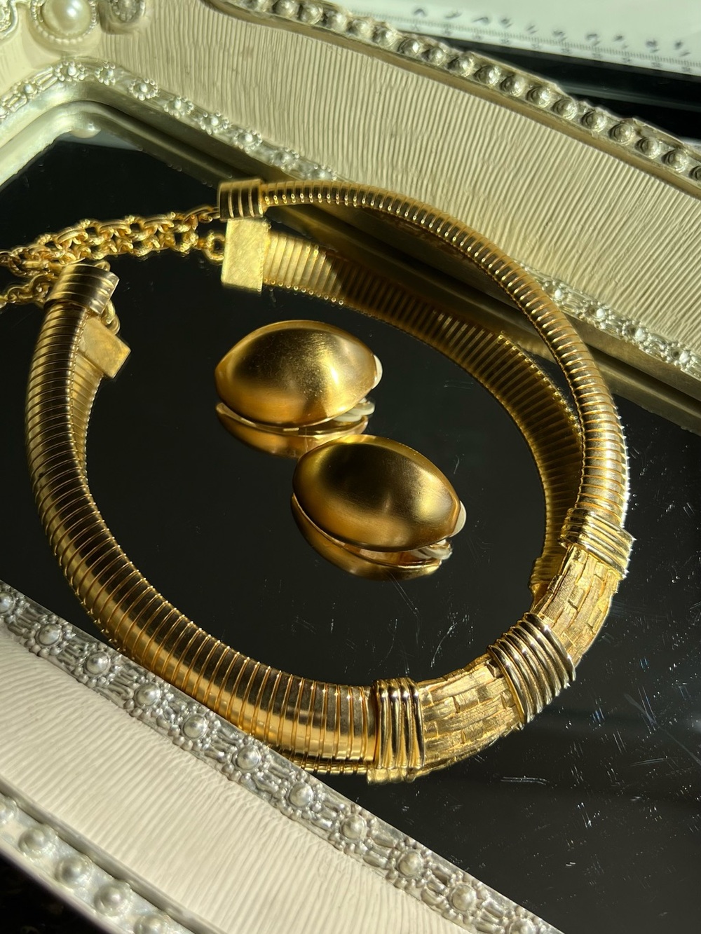 Gold Statement Collar Necklace and Clip-On Earrings - Designer